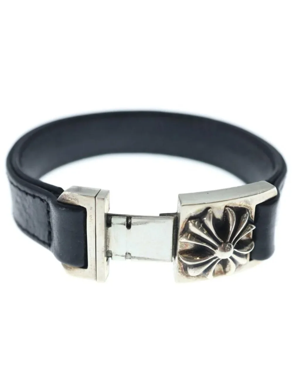 Chrome Hearts Harness Cross Box Leather Bracelet Silver Black